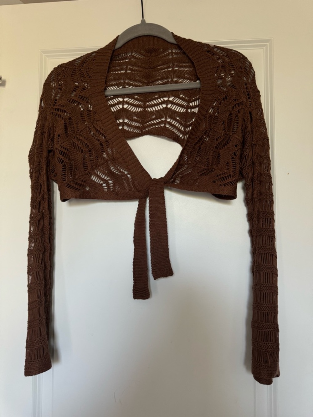 Brown Open-Knit Tie-Front Cropped Sweater